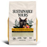 Bag of Sustainably Yours cat food with a cat on the label