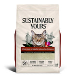 Cat food package with 'Sustainably Yours' branding and a cat on the label.