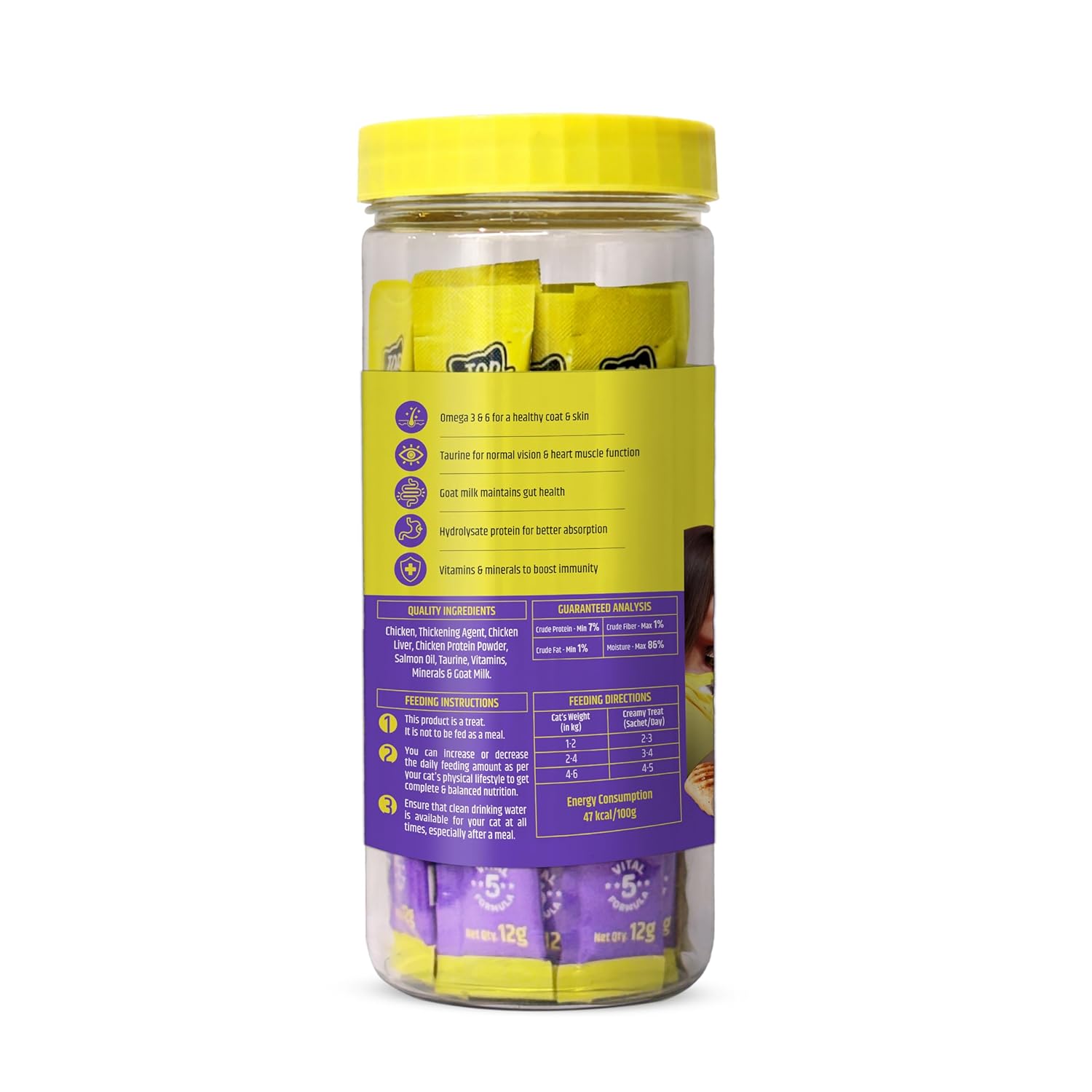 Jar of pet treats with a yellow lid and purple label on a white background