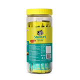 Jar of Top Cat Squeezy cat treats with a yellow lid on a white background