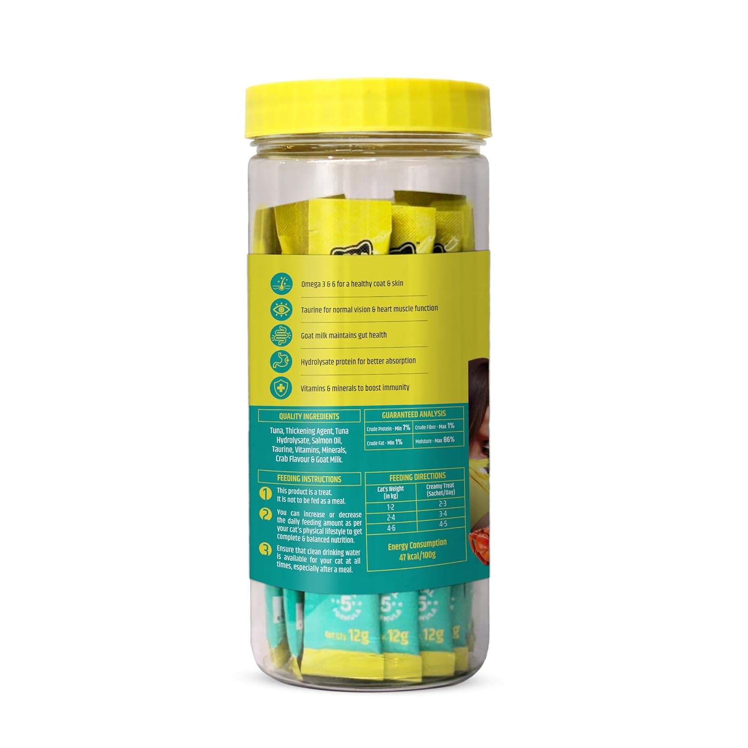 Jar of yellow packets with a green label on a white background