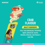 Top Cat crab-flavored cat treat with ingredient list on a teal background