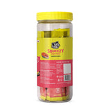 Jar of Top Cat Squeezzy treats with yellow lid on a white background