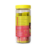 Jar of yellow snack bars with a colorful label on a white background
