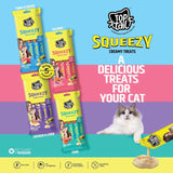 Top Cat Squeezy cat treats packaging with a cat on a colorful background