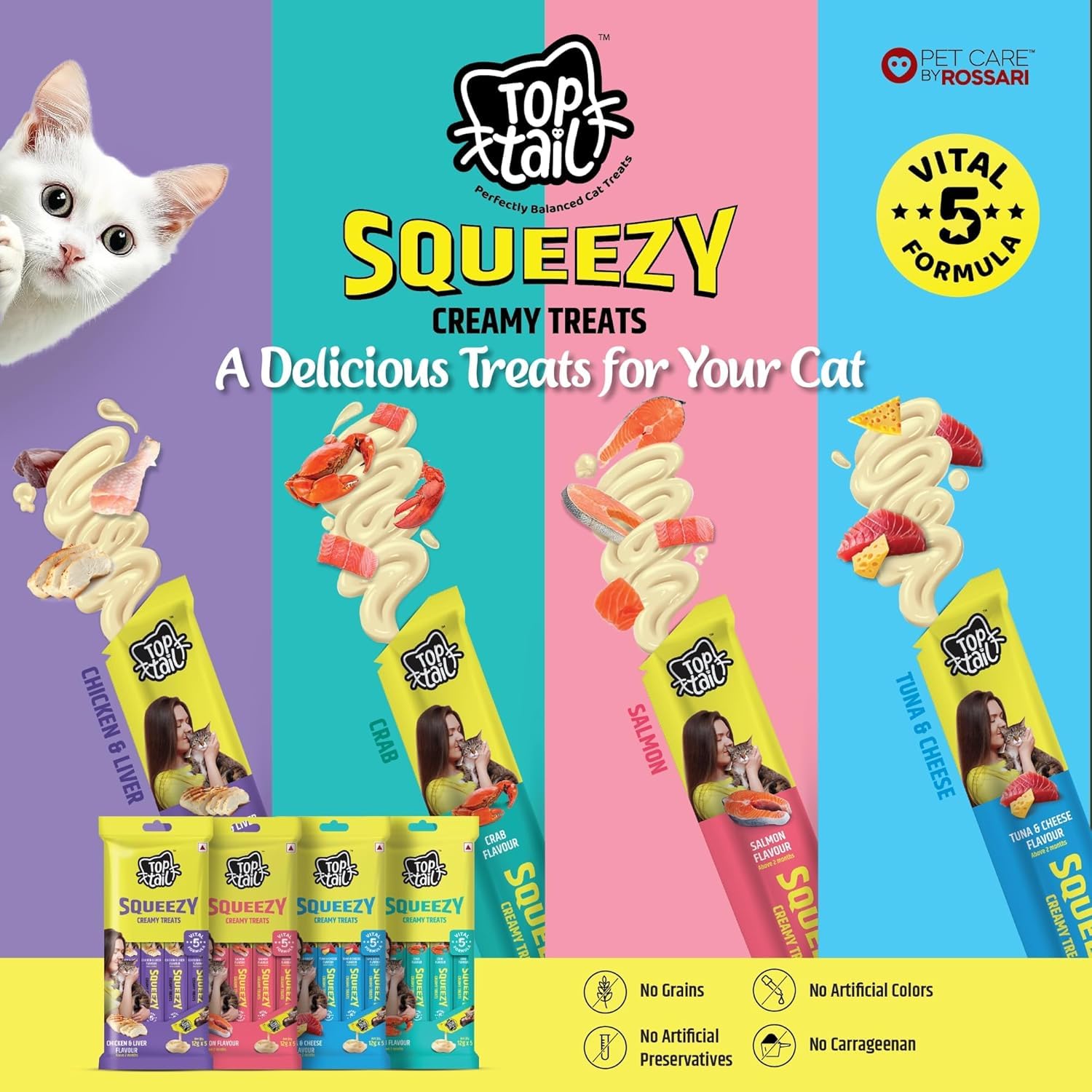 Top Cat Tail Squeezy creamy treats packaging with a cat on the side.