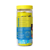 Supplement jar with a yellow lid and blue label on a white background