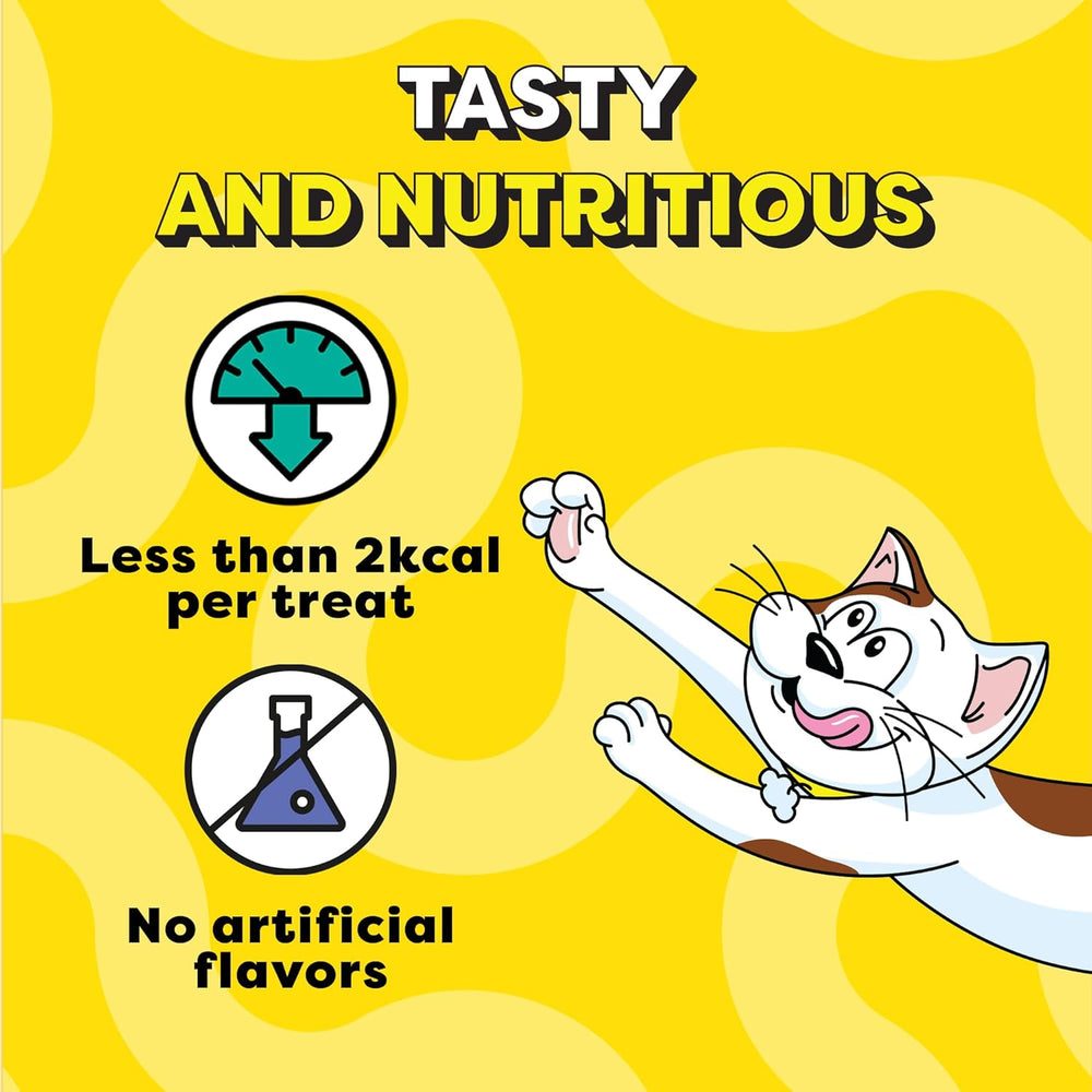 Cartoon cat character on a yellow background with text about treats being tasty, nutritious, low in calories, and without artificial flavors.