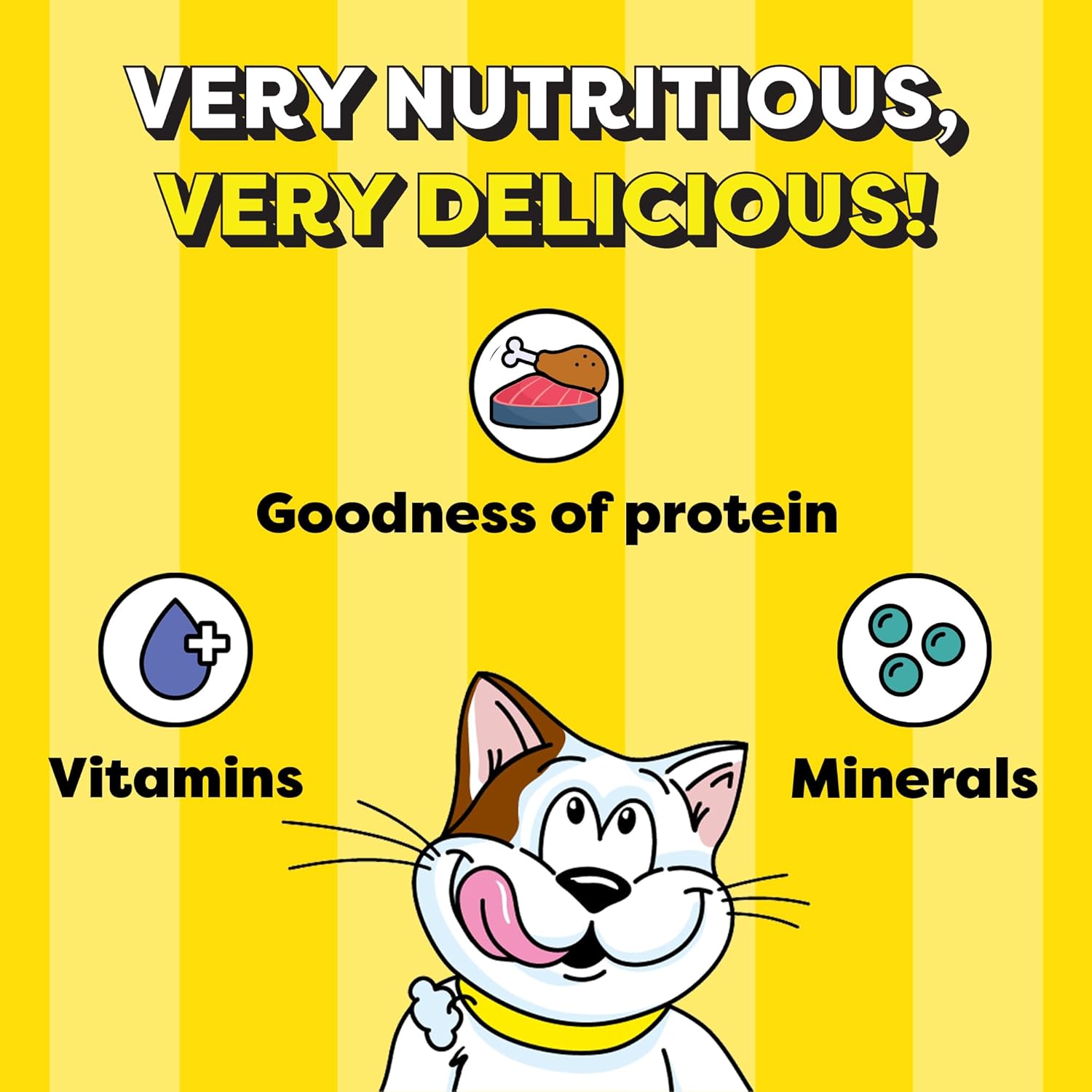 Cartoon cat with nutritional benefits on a yellow background