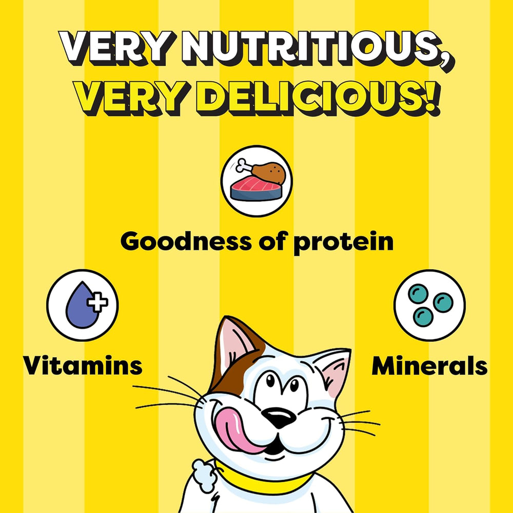 Cartoon cat with nutritional benefits on a yellow background