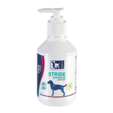 Vetina Stride Advanced Syrup bottle placed next to a measuring pump for dogs and cats joint support.