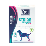 Close-up of Vetina Stride Advanced liquid joint care supplement packaging for dogs and cats.