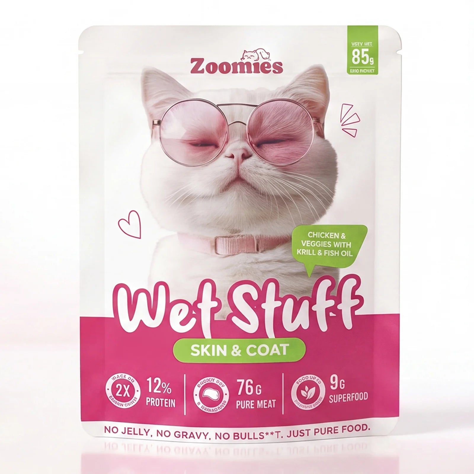 Zoomies Wet Stuff Skin & Coat Wet Food for Cats 85g pouch front view