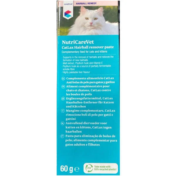NutriCareVet CatLax Hairball remover paste packaging with a cat on a white background