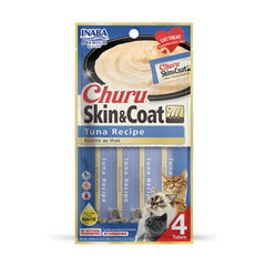 Packaging of Churu Skin & Coat cat treats with tuna recipe on a white background