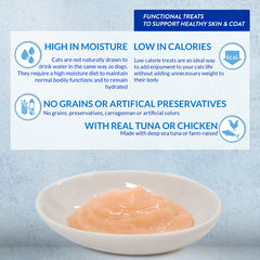 Bowl of cat food with nutritional information on a light blue background