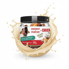 Jar of coconut pawpaw and chicken dog treats with a splash effect on a white background