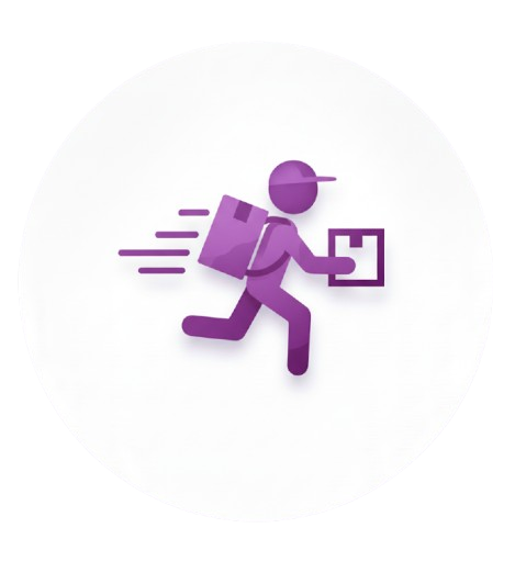 Purple icon of a delivery person with a package on a white background