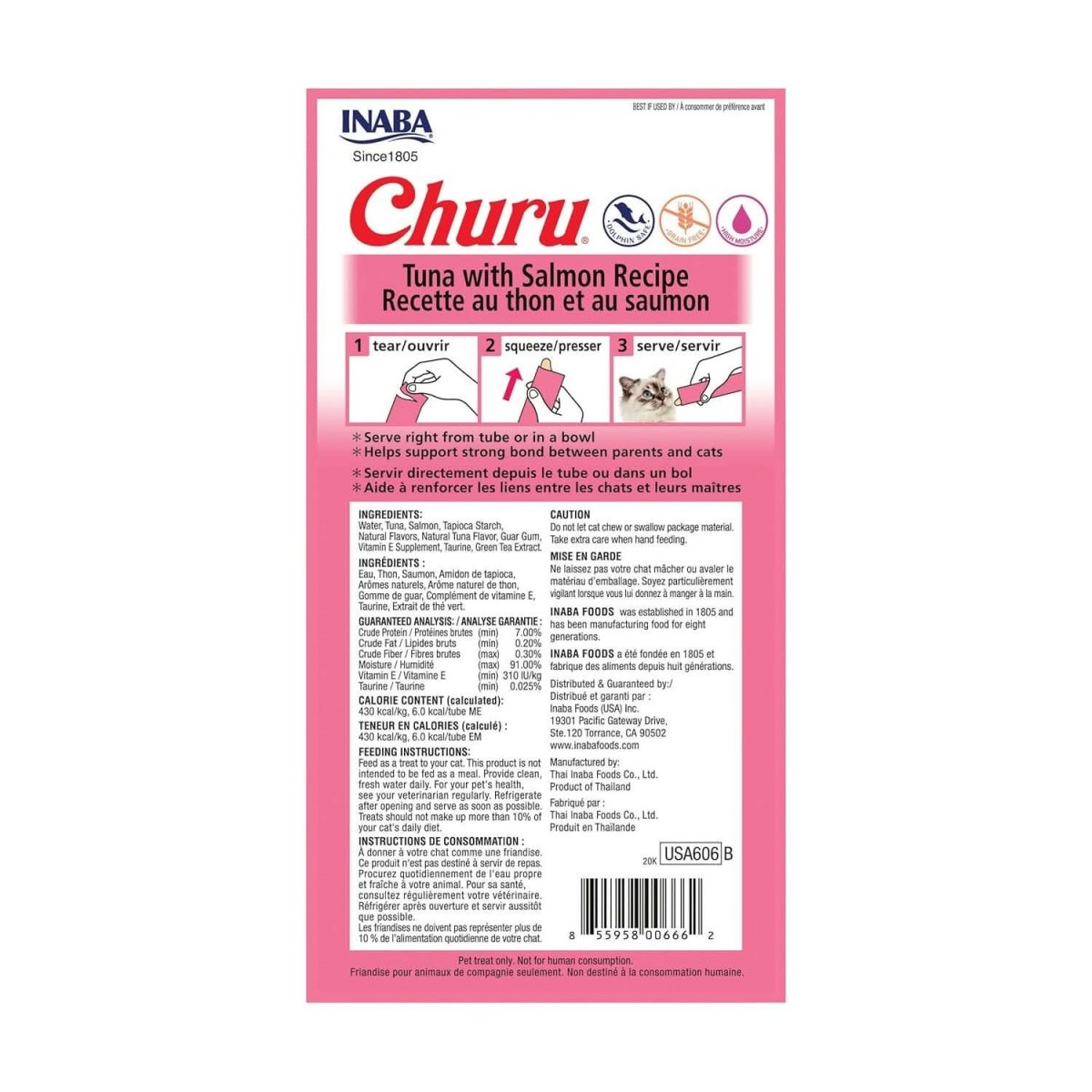 INABA Churu Tuna with Salmon Recipe Lickable Purée Natural Cat Treats USA606A, 56 g (Pack of 1) - dspetstore.com