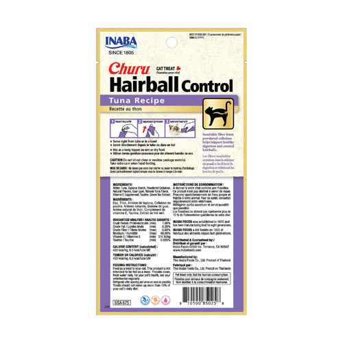 INABA Churu Hairball Control Tuna Recipe cat treat package on a white background