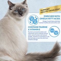 Cat with text about omega fatty acids, taurine, and vitamin E on a light blue background