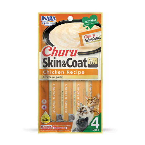Packaging of Churu Skin & Coat cat treats with chicken recipe on a white background
