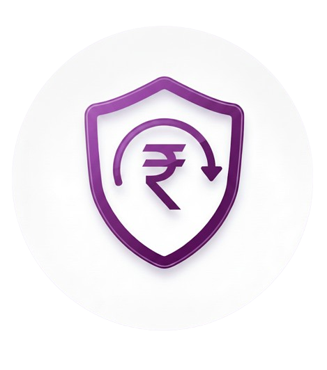 Purple shield icon with a currency symbol on a white background