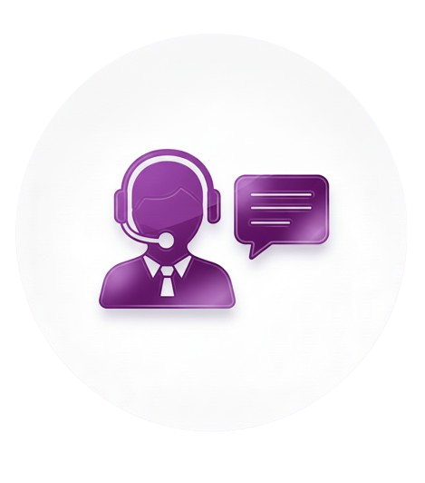 Purple icon of a person wearing a headset with a speech bubble on a white background