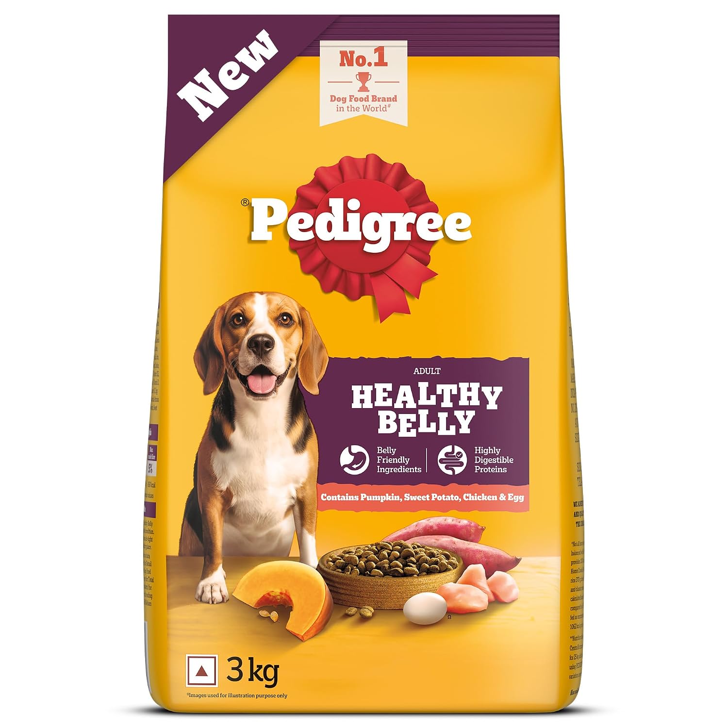 A 3 kg bag of Pedigree Healthy Belly dog food, featuring a bright yellow bag with a purple top banner, a picture of a beagle, and illustrations of pumpkin, sweet potato, chicken, and egg.