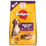 A 3 kg bag of Pedigree Healthy Belly dog food, featuring a bright yellow bag with a purple top banner, a picture of a beagle, and illustrations of pumpkin, sweet potato, chicken, and egg.