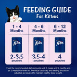 Feeding guide for kittens with a cat illustration and Felix cat food packaging on a blue background