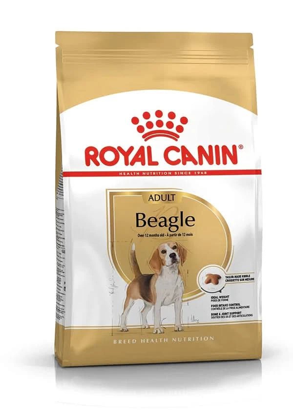 Royal Canin Beagle dog food package on a white background