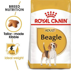 Royal Canin Adult Beagle dog food packaging with branding and product features.