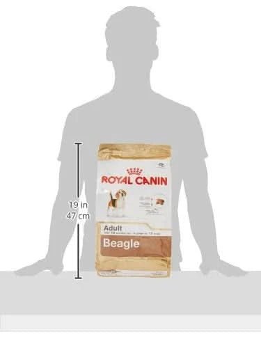 Royal Canin Beagle dog food bag with a silhouette of a person for scale on a white background