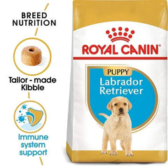 Royal Canin Labrador Retriever puppy food packaging with key features highlighted.