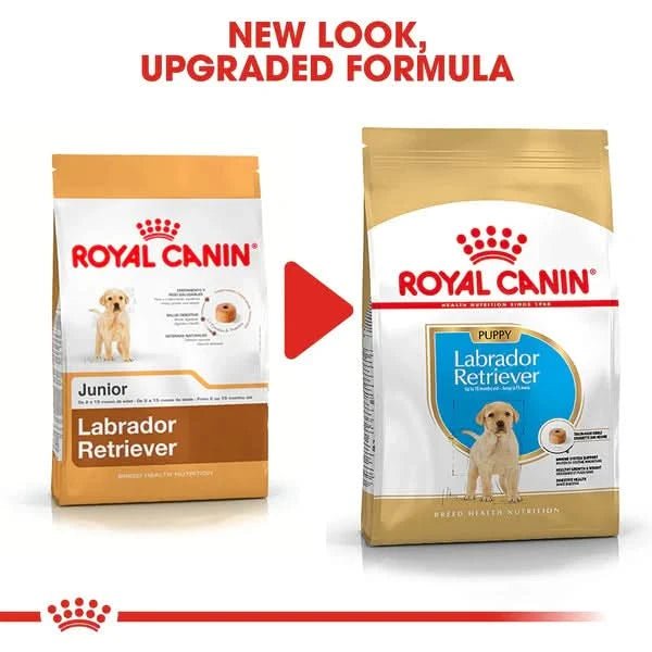 Two packages of Royal Canin Labrador Retriever dog food with text indicating a new look and upgraded formula.