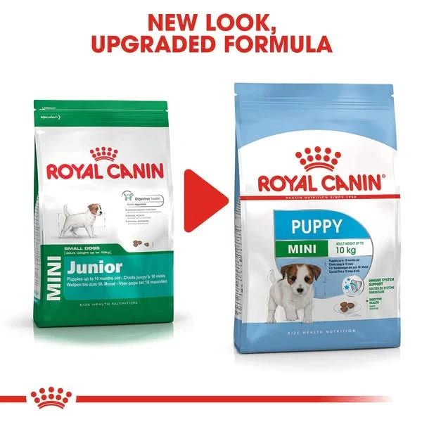 Two packages of Royal Canin Mini Junior and Puppy formulas with a red arrow between them.