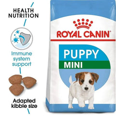 Royal Canin Puppy Mini dog food package with text highlighting features