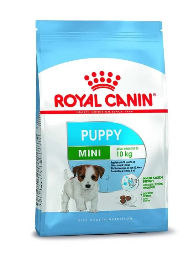 Royal Canin Puppy Mini dog food package on a white background