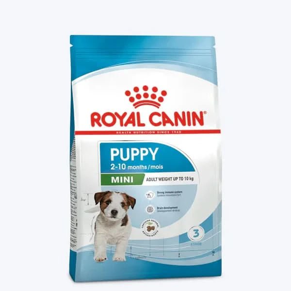 Royal Canin Puppy food package for mini breeds on a white background