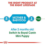 Royal Canin pet food product recommendation chart for mother and baby dog, and puppy stages.