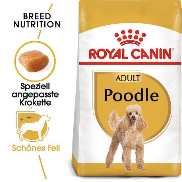 Royal Canin Poodle dog food packaging with text and images of a poodle.