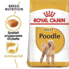 Royal Canin Poodle dog food packaging with text and images of a poodle.