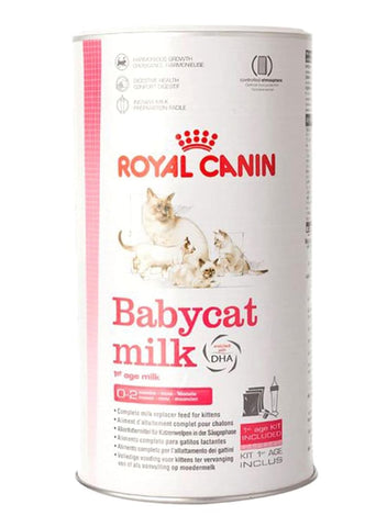 A can of Royal Canin Baby Cat Milk with an image of a white kitten on the label.