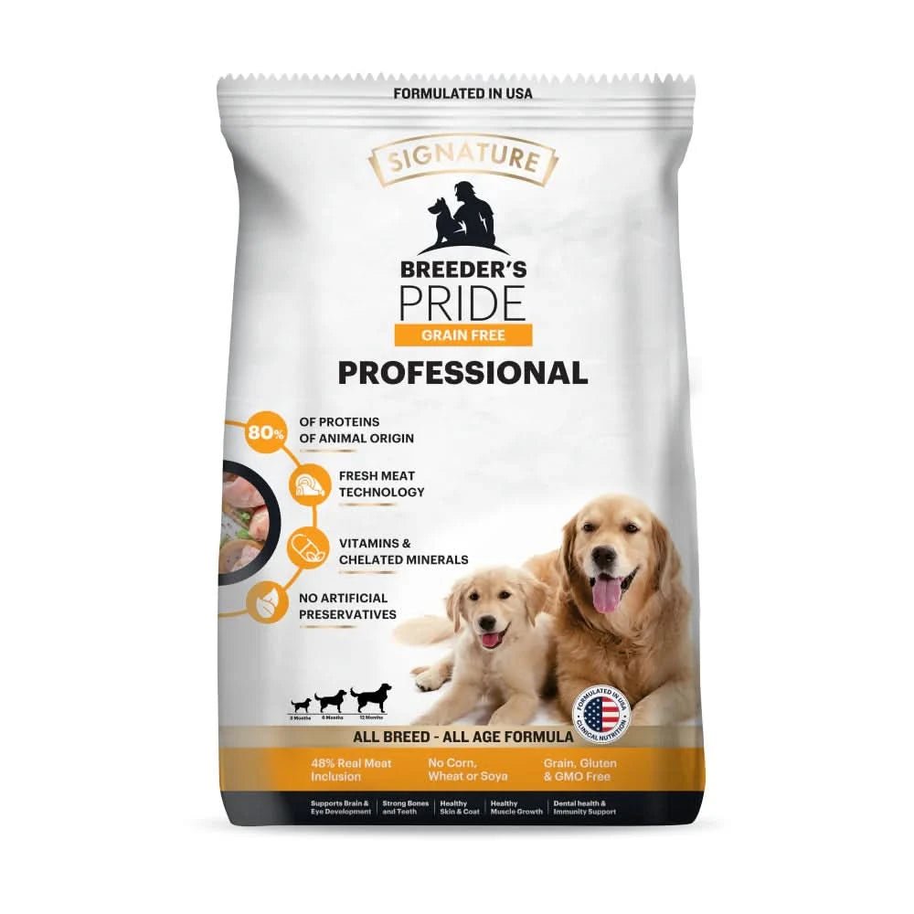 Bag of Breeder's Pride Professional dog food on a white background