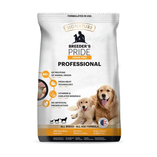 Bag of Breeder's Pride Professional dog food on a white background
