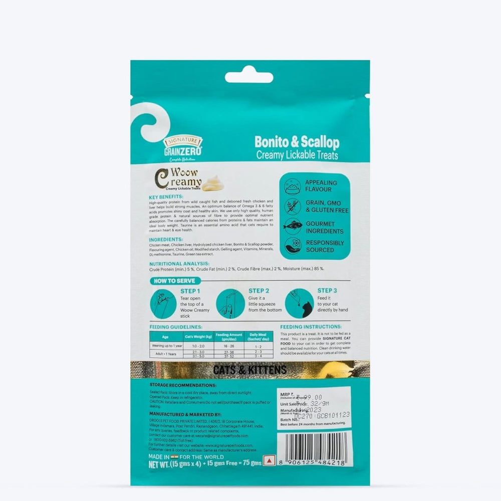 Signature Grain Zero Woow Creamy Bonito & Scallop Lickable Treats for Cat & Kitten – 75 g - dspetstore.com