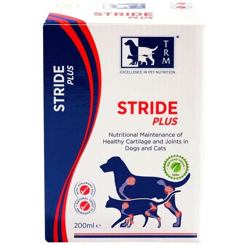 Box of Stride Plus nutritional supplement for pets on a white background