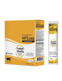 A box and a single sachet of VetSmava VFCORE Feline Vitality tuna with salmon cat formula, shown on a plain white background.