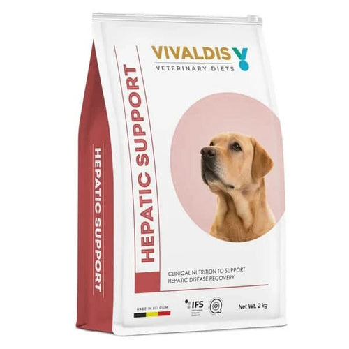 Vivaldiys Veterinary Diets Hepatic Support dog food package on a white background